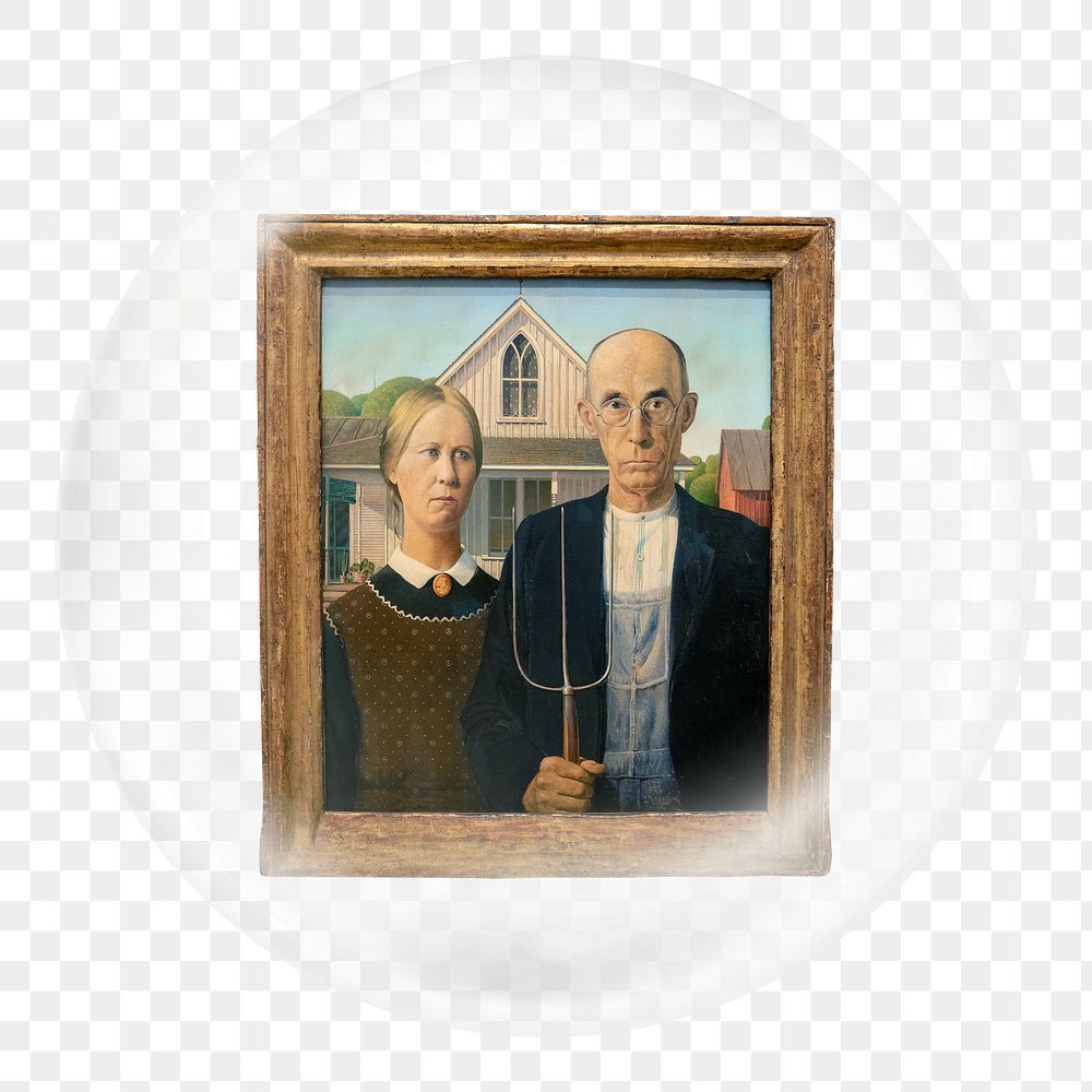 American Gothic png sticker, Grant Wood's artwork in bubble transparent background. Remixed by rawpixel.