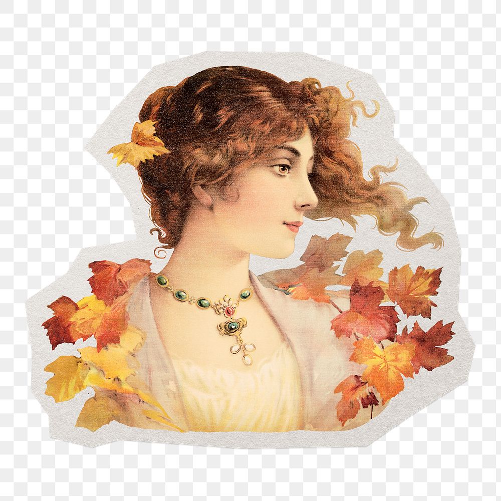 Autumn woman illustration png sticker, transparent background, remixed by rawpixel.