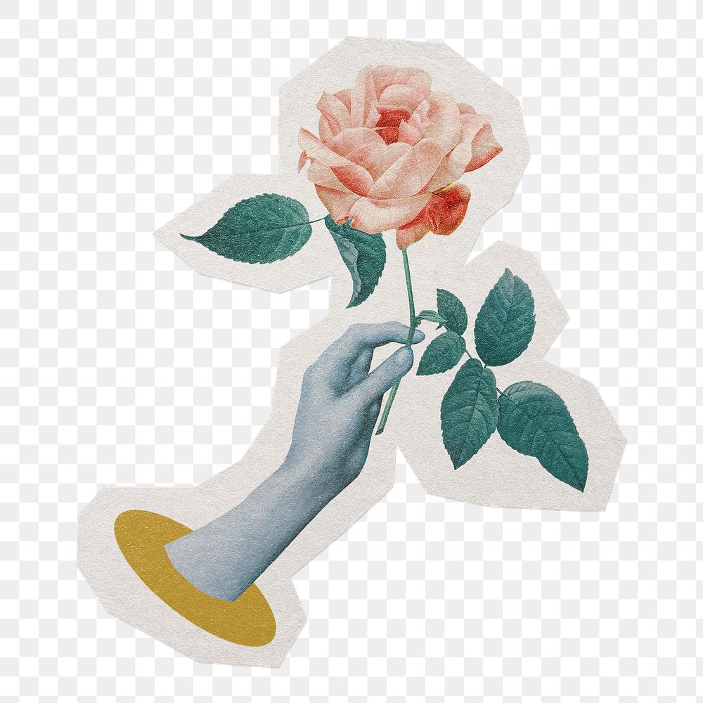 Hand holding rose png sticker, paper cut on transparent background