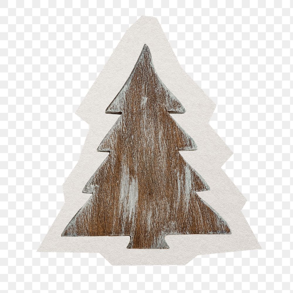 Wooden Christmas tree png sticker, paper cut on transparent background