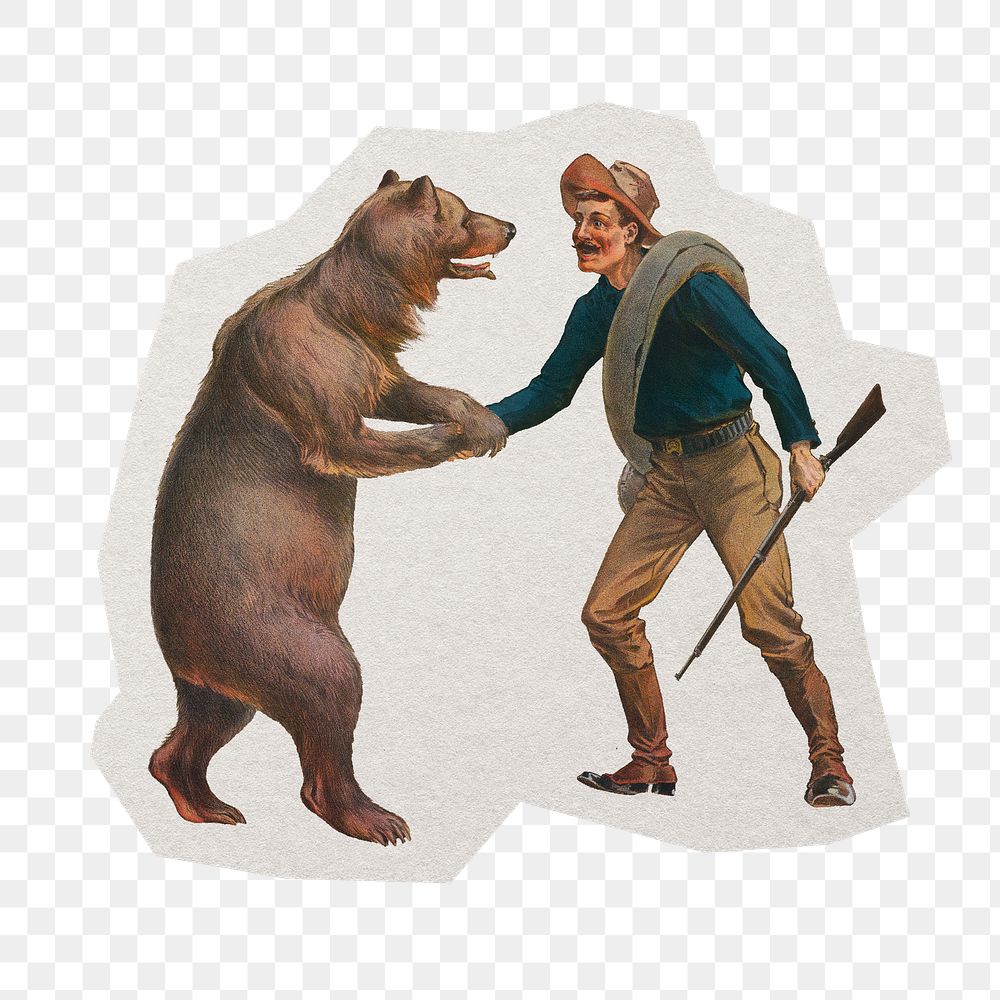 Man & bear png sticker, paper cut on transparent background