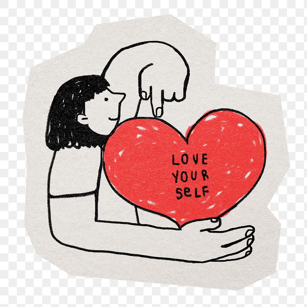 Self-love doodle png sticker, paper cut on transparent background