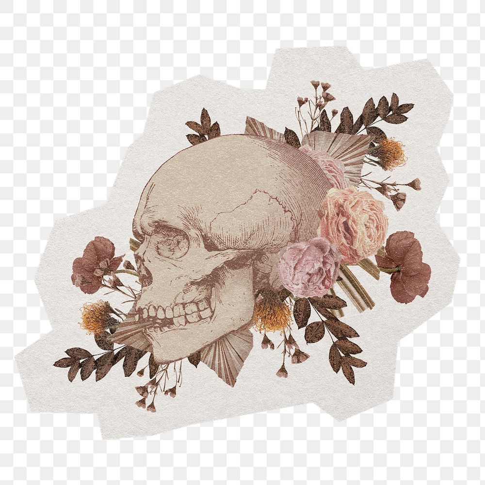 Floral skull png sticker, paper cut on transparent background