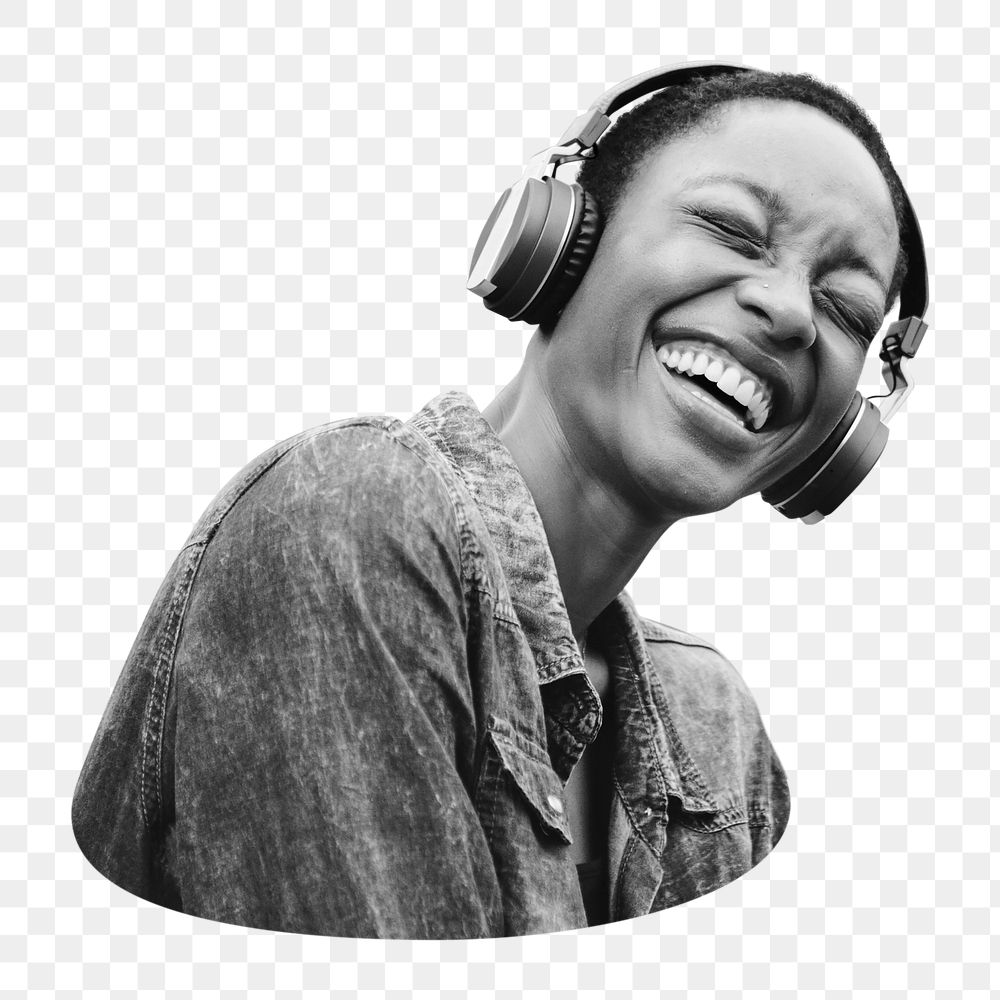 Woman in headphones png b&w element, transparent background
