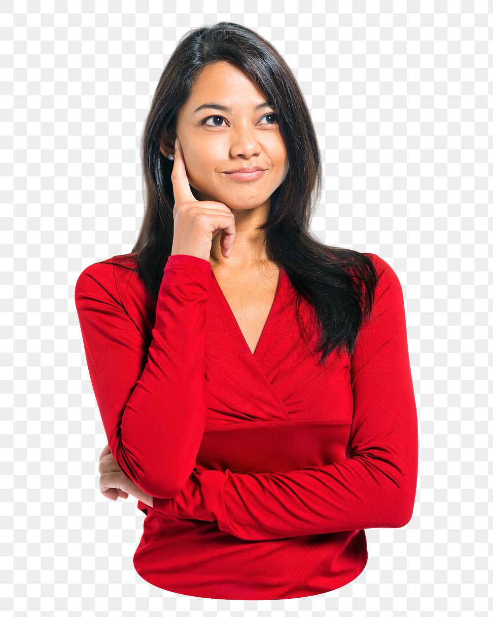 Thinking Asian businesswoman png sticker, transparent background