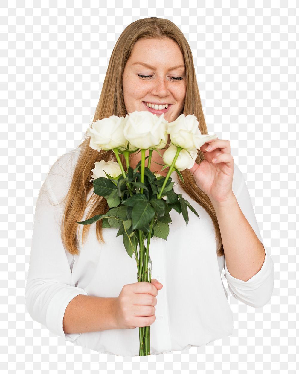Woman holding rose bouquet png, transparent background