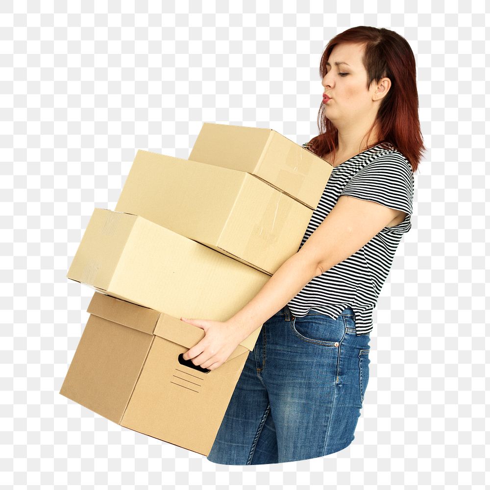 Png woman carrying boxes sticker, transparent background