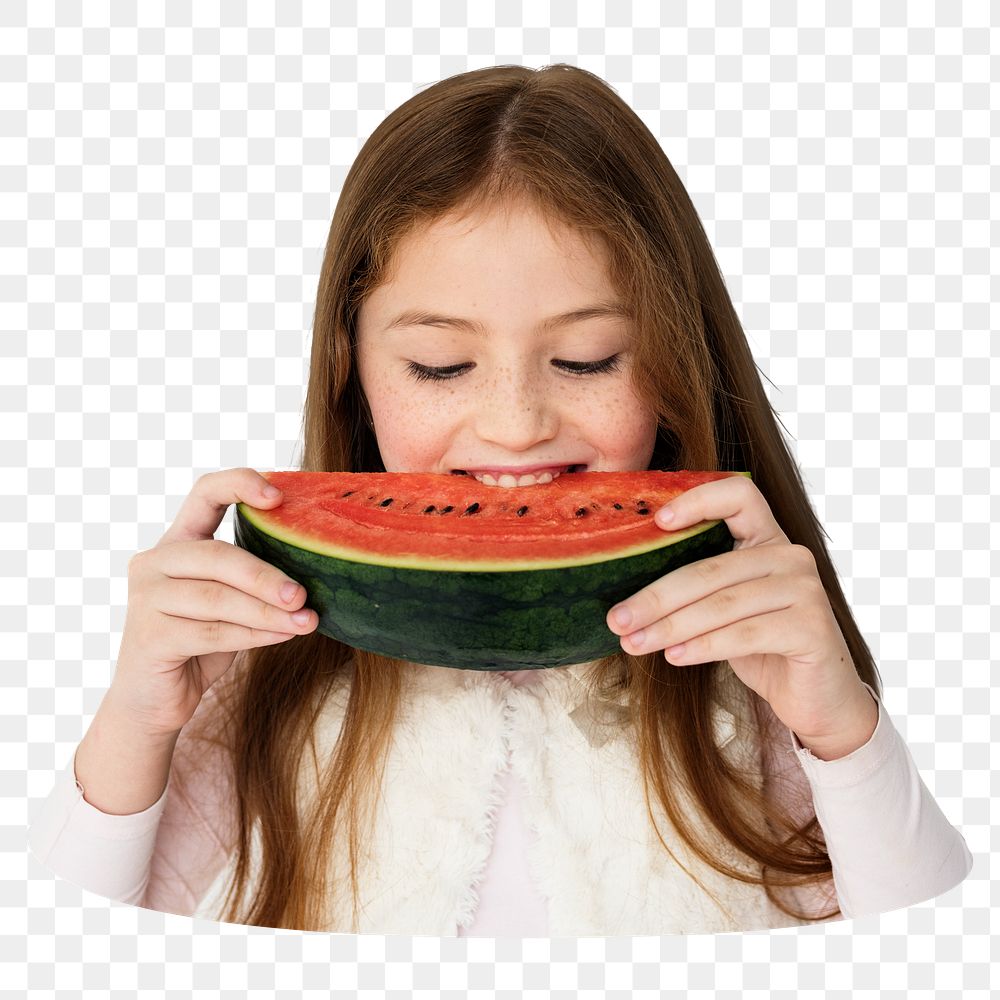 Girl eating watermelon png sticker, transparent background