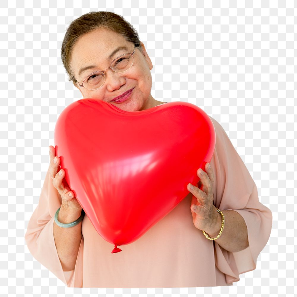 Woman holding heart balloon png, transparent background