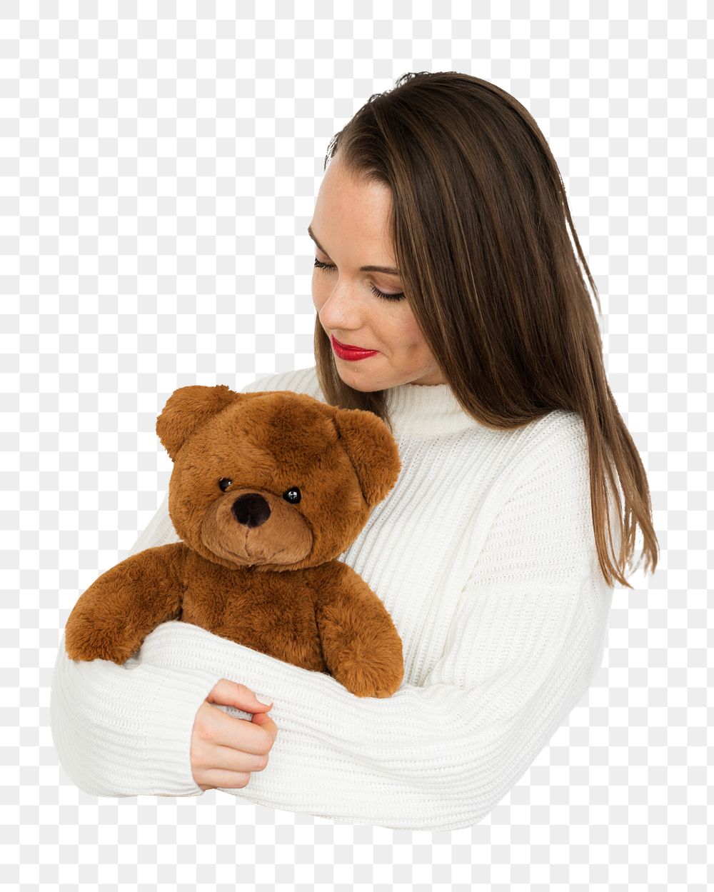 Woman holding teddy png, transparent background