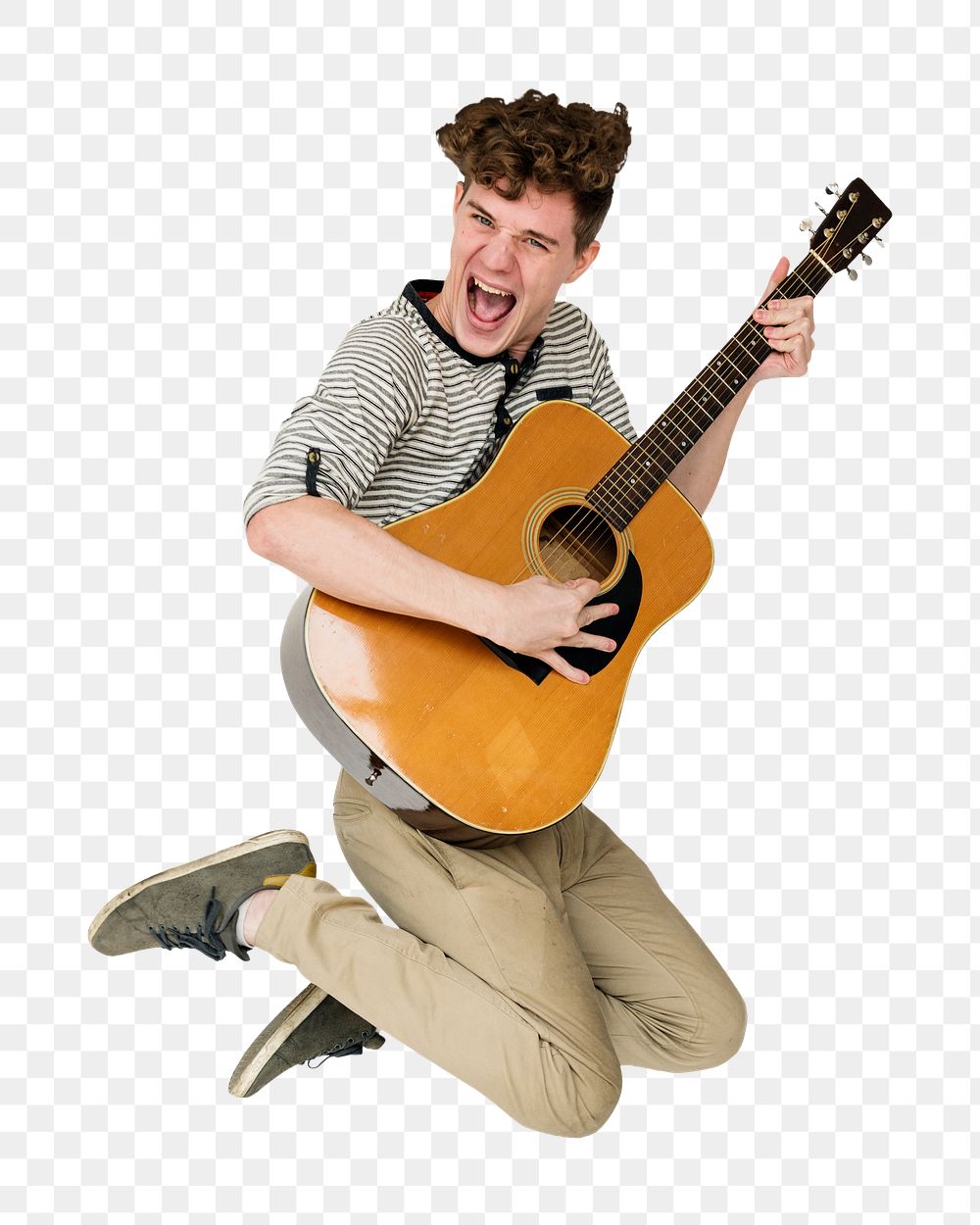 PNG man with guitar smiling and jumping, collage element, transparent background