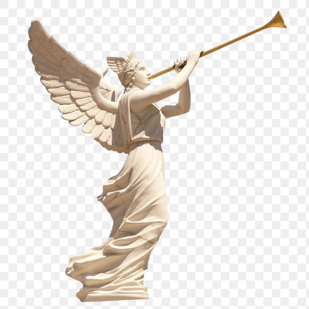 Angel blowing trumpet sculpture png, transparent background