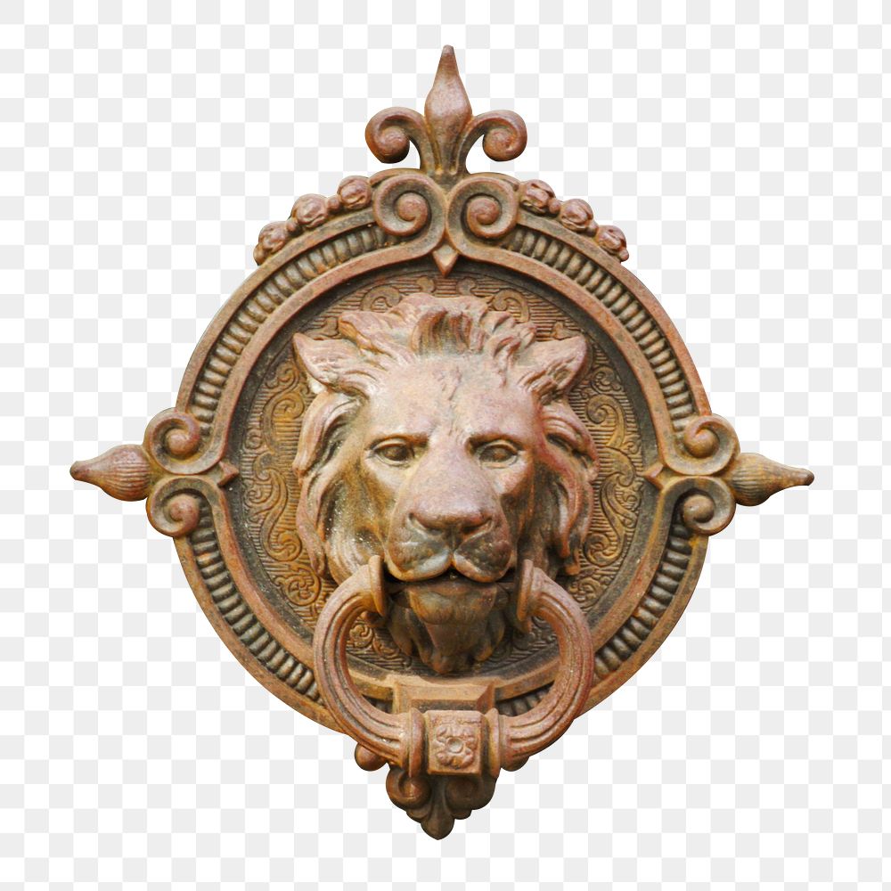 Png lion head door knob sticker, transparent background