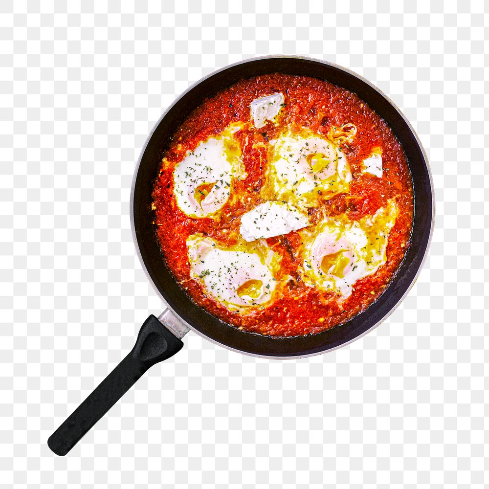 Poached egg in tomato sauce png sticker, transparent background