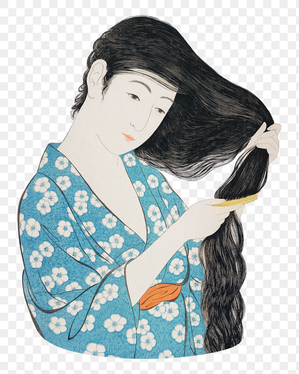 Png Hashiguchi's Woman Combing Her Hair sticker, vintage illustration, transparent background