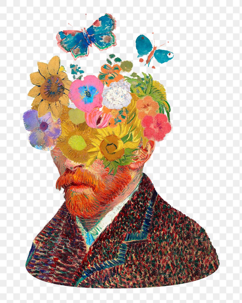 Png Van Gogh floral self-portrait sticker, abstract illustration on transparent background. Remixed by rawpixel. 
