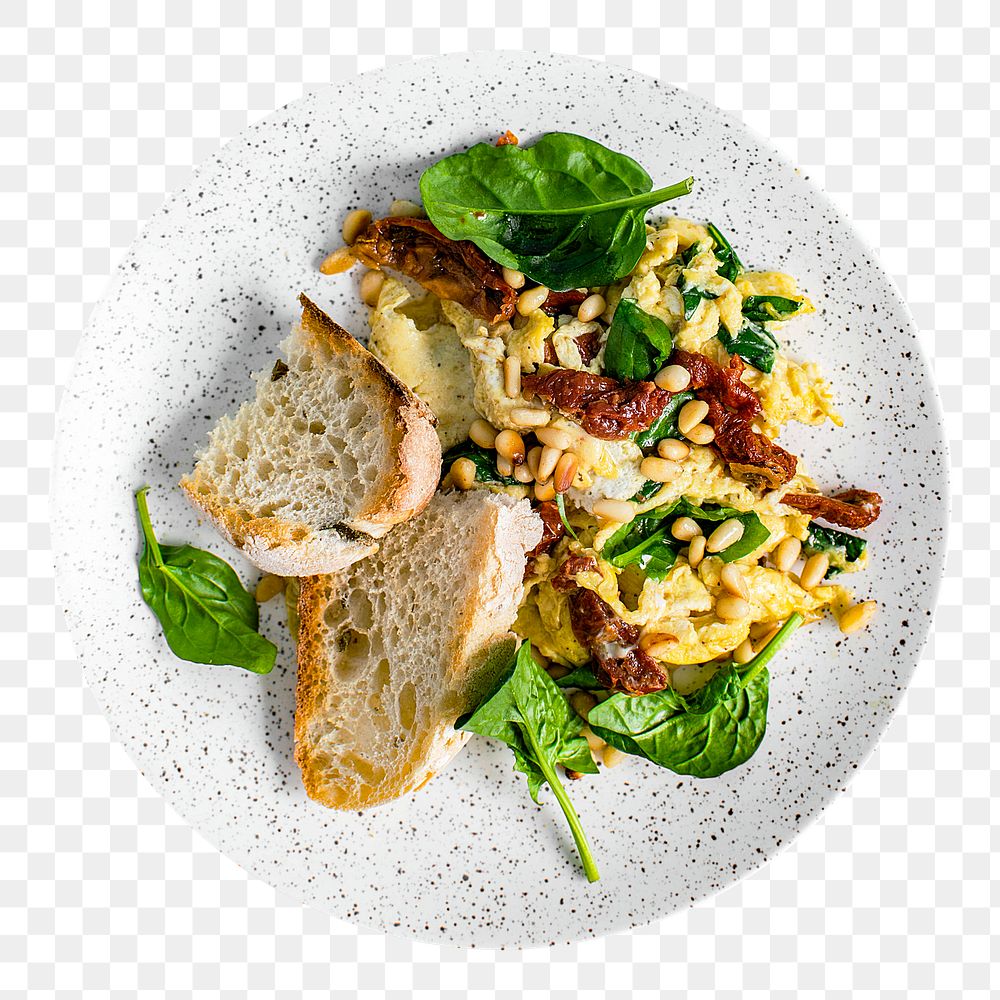 PNG Scrambled eggs with spinach and sun dried tomato, collage element, transparent background