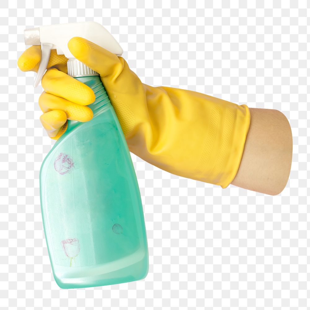 Glove hand png holding cleaning spray bottle sticker, transparent background