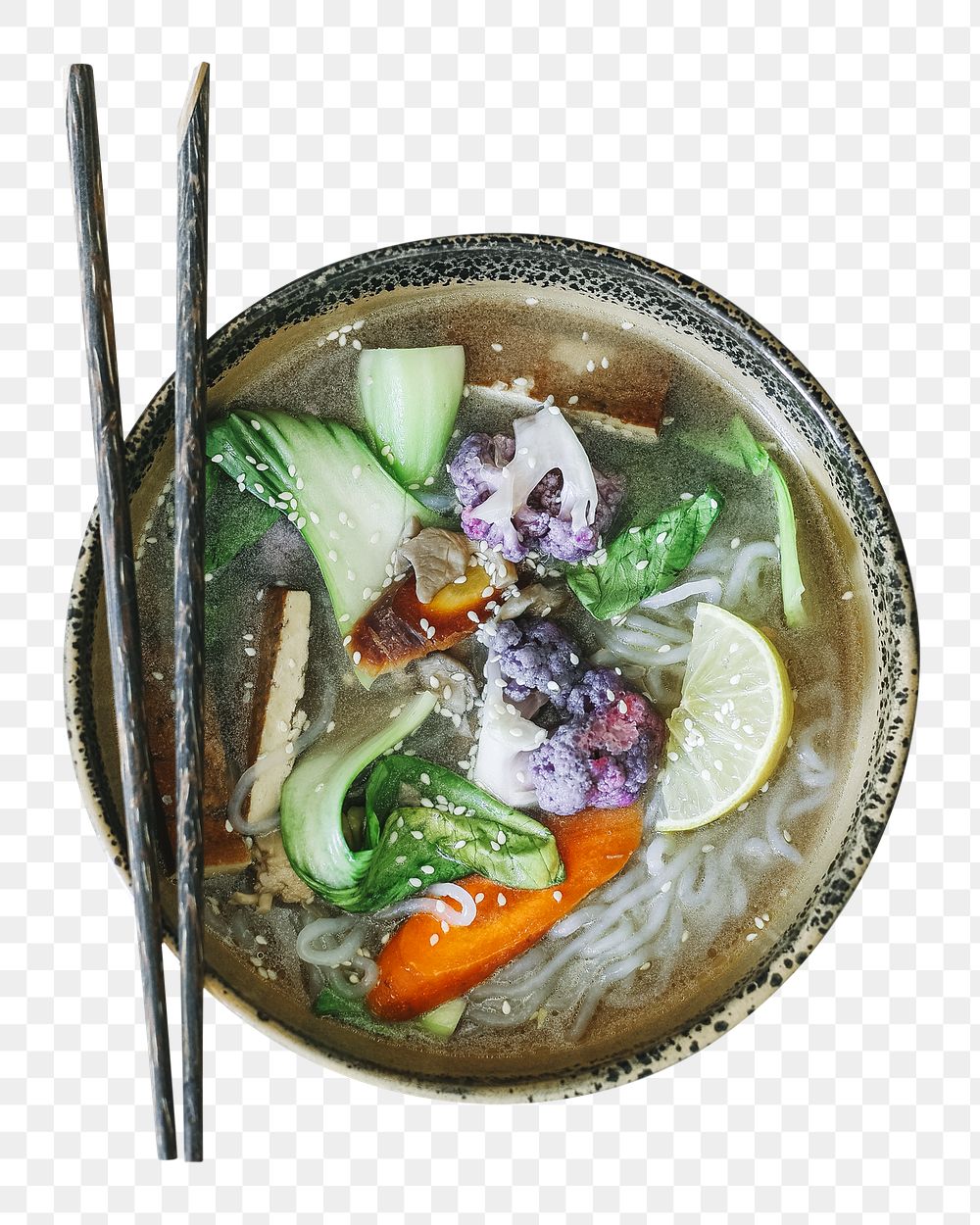 PNG Vegan noodle soup with tofu, collage element, transparent background