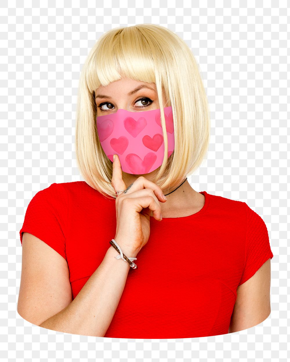 Woman with mask png  sticker, heart pattern transparent background
