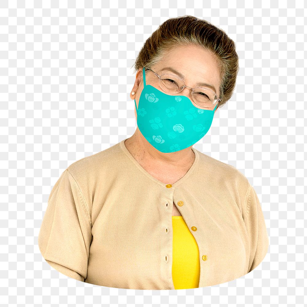 Senior woman png wearing mask sticker, transparent background