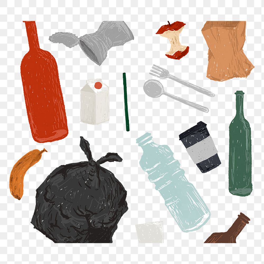 Plastic garbage png pattern, ocean pollution illustration, transparent background
