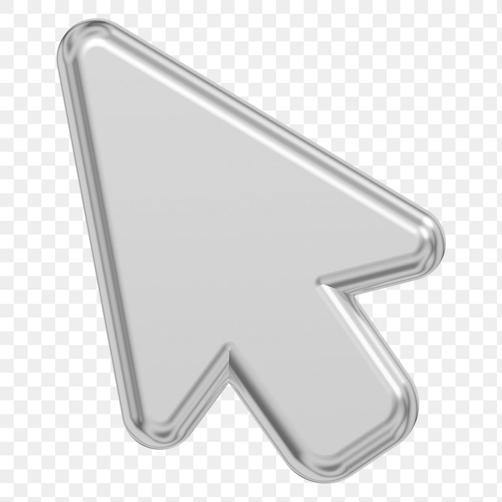 Silver arrow png 3D metallic cursor icon, transparent background