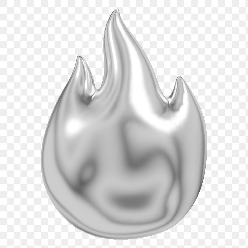 Silver flame png 3D metallic fire icon, transparent background