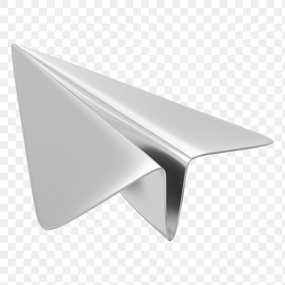 PNG metallic paper plane, 3D silver icon, transparent background