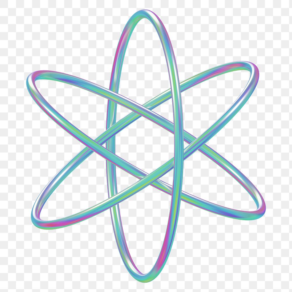 3D atom png holographic icon, transparent background