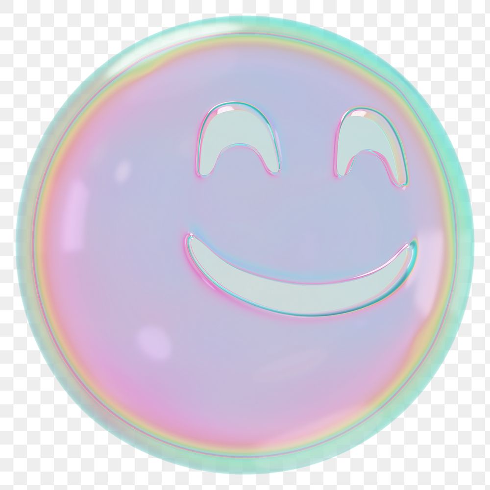 Smiling face png 3D holographic emoticon, transparent background