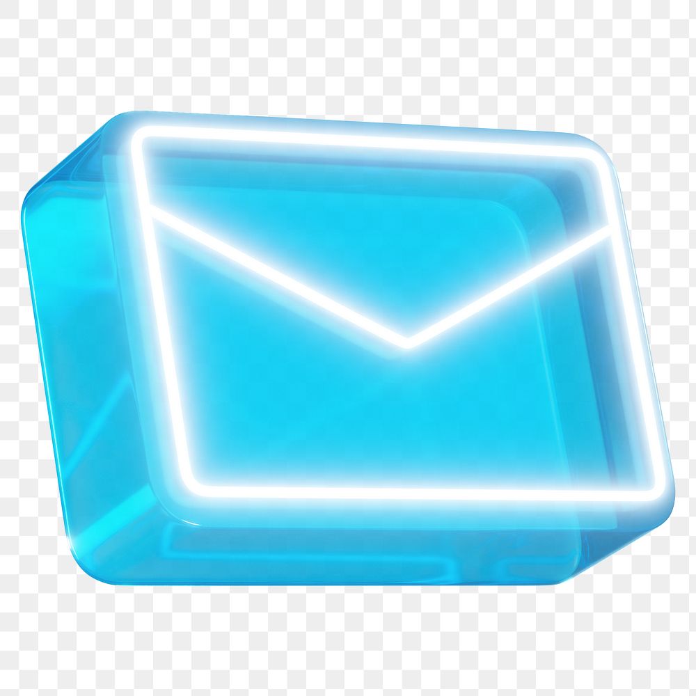 Blue envelope png 3D neon message icon, transparent background