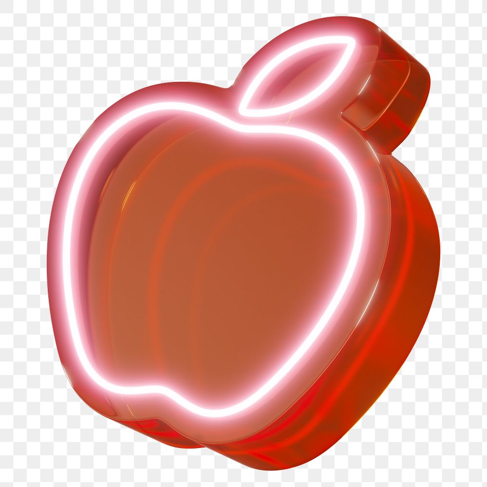 Red apple png 3D neon education icon, transparent background