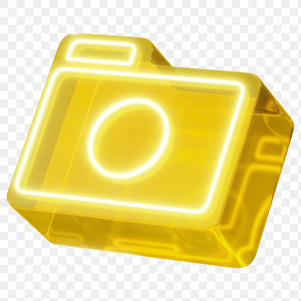 Yellow camera png neon icon, transparent background
