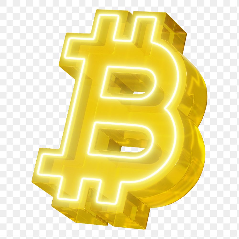 Bitcoin png 3D neon yellow icon, transparent background