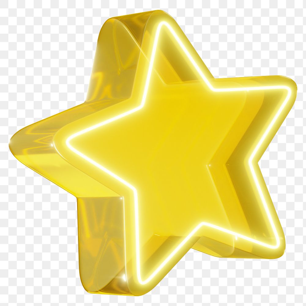 Yellow star png 3D neon icon, transparent background