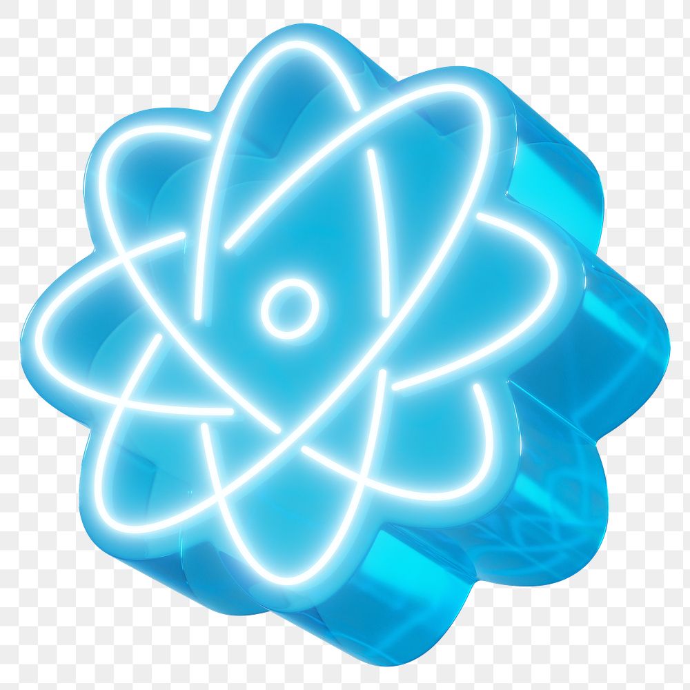 Blue atom png 3D neon icon, transparent background