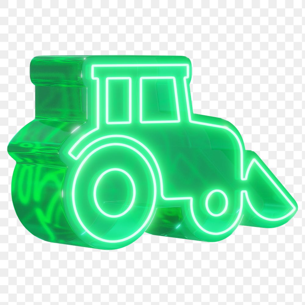 3D bulldozer png green neon element, transparent background