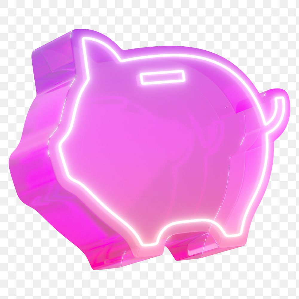 Piggy bank png 3D pink neon, transparent background
