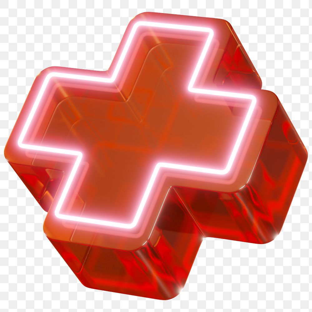 Red cross png neon medical sign, transparent background