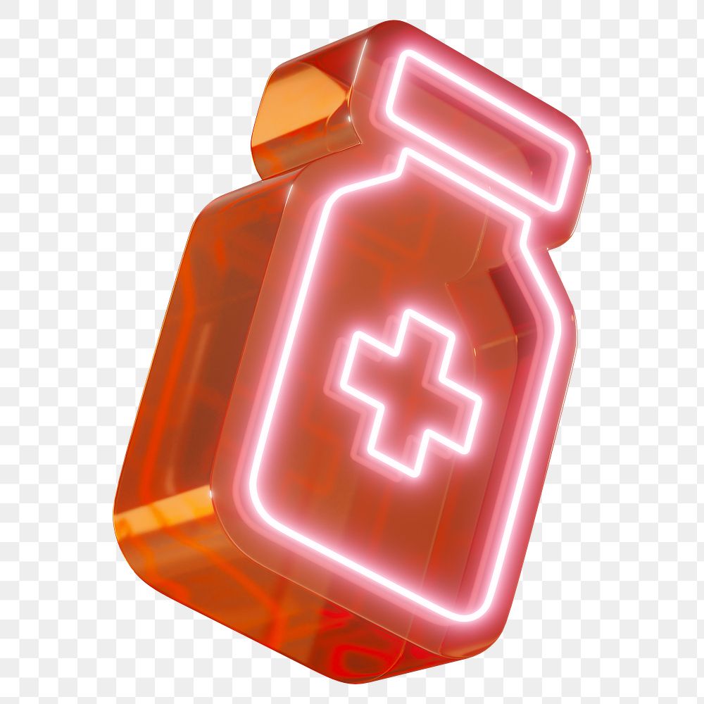 Medical vial png 3D neon red icon, transparent background