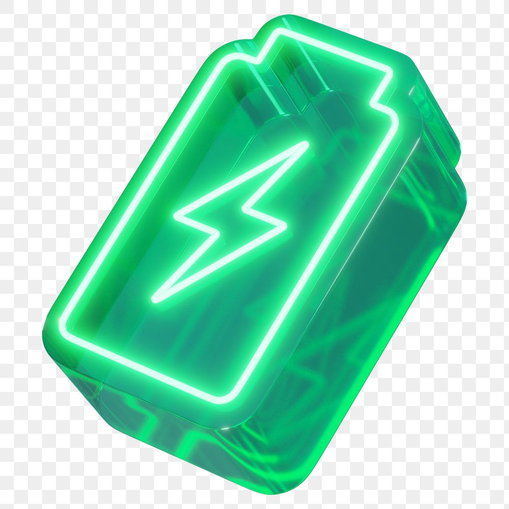 Battery charging png 3D neon element, transparent background