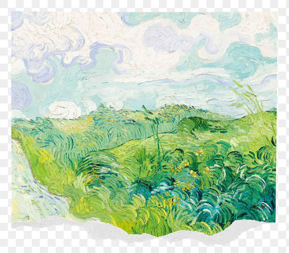 Ripped paper png Van Gogh's Green Wheat Fields sticker, transparent background, remixed by rawpixel