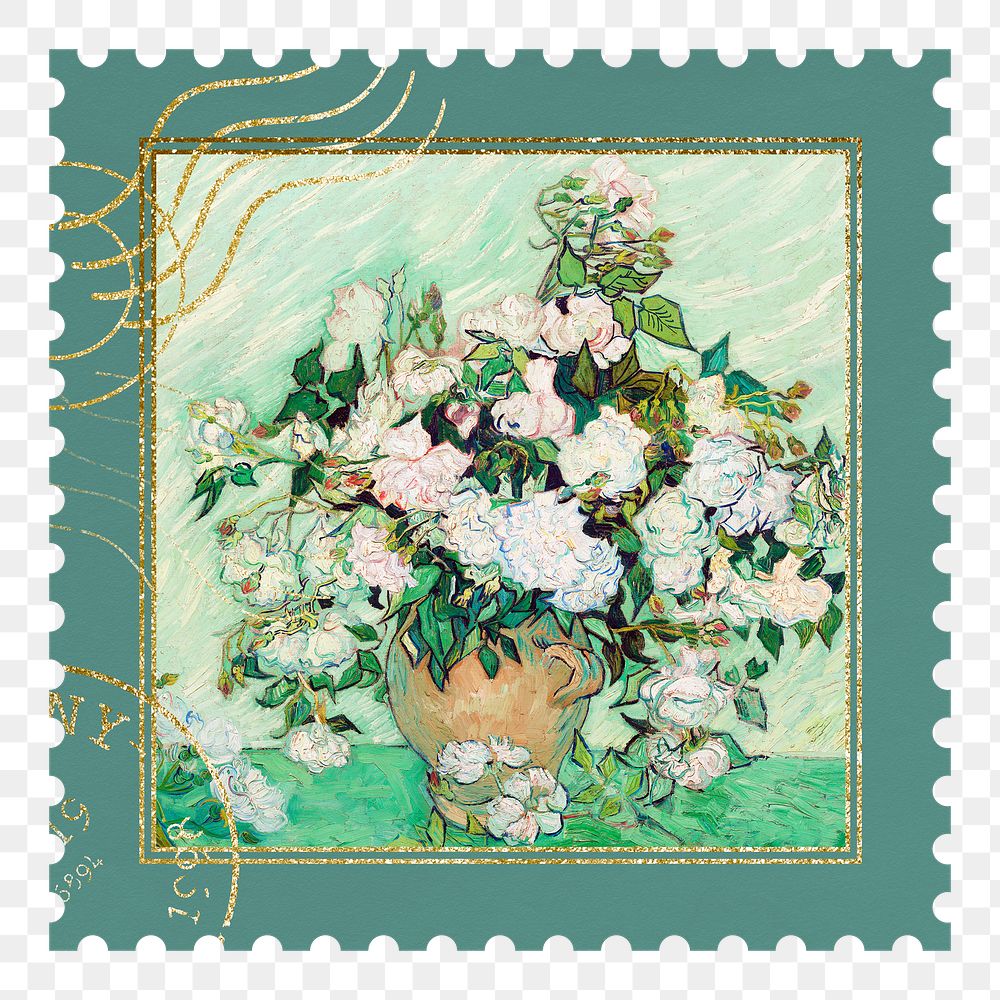 Postage stamp png Van Gogh's Roses sticker, transparent background, remixed by rawpixel