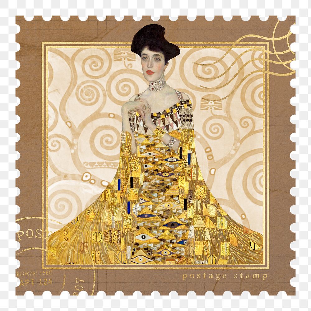 PNG Gustav Klimt's Portrait of Adele Bloch-Bauer I postage stamp sticker, transparent background, remixed by rawpixel