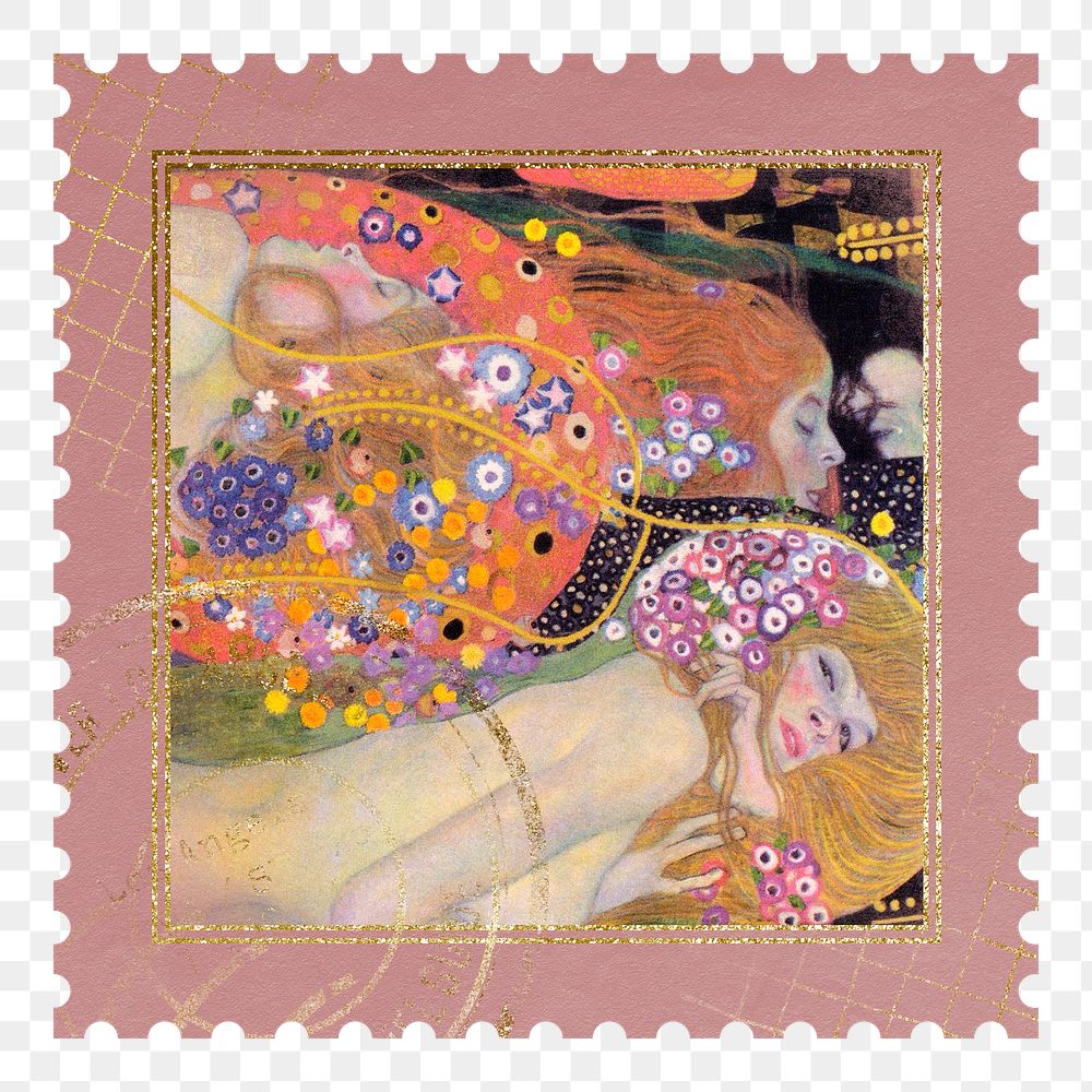 Gustav Klimt's png Water Serpents II postage stamp sticker, transparent background, remixed by rawpixel