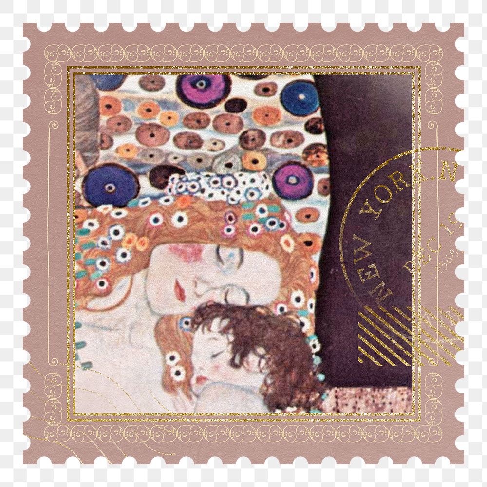 Gustav Klimt's png famous painting postage stamp sticker, transparent background, remixed by rawpixel