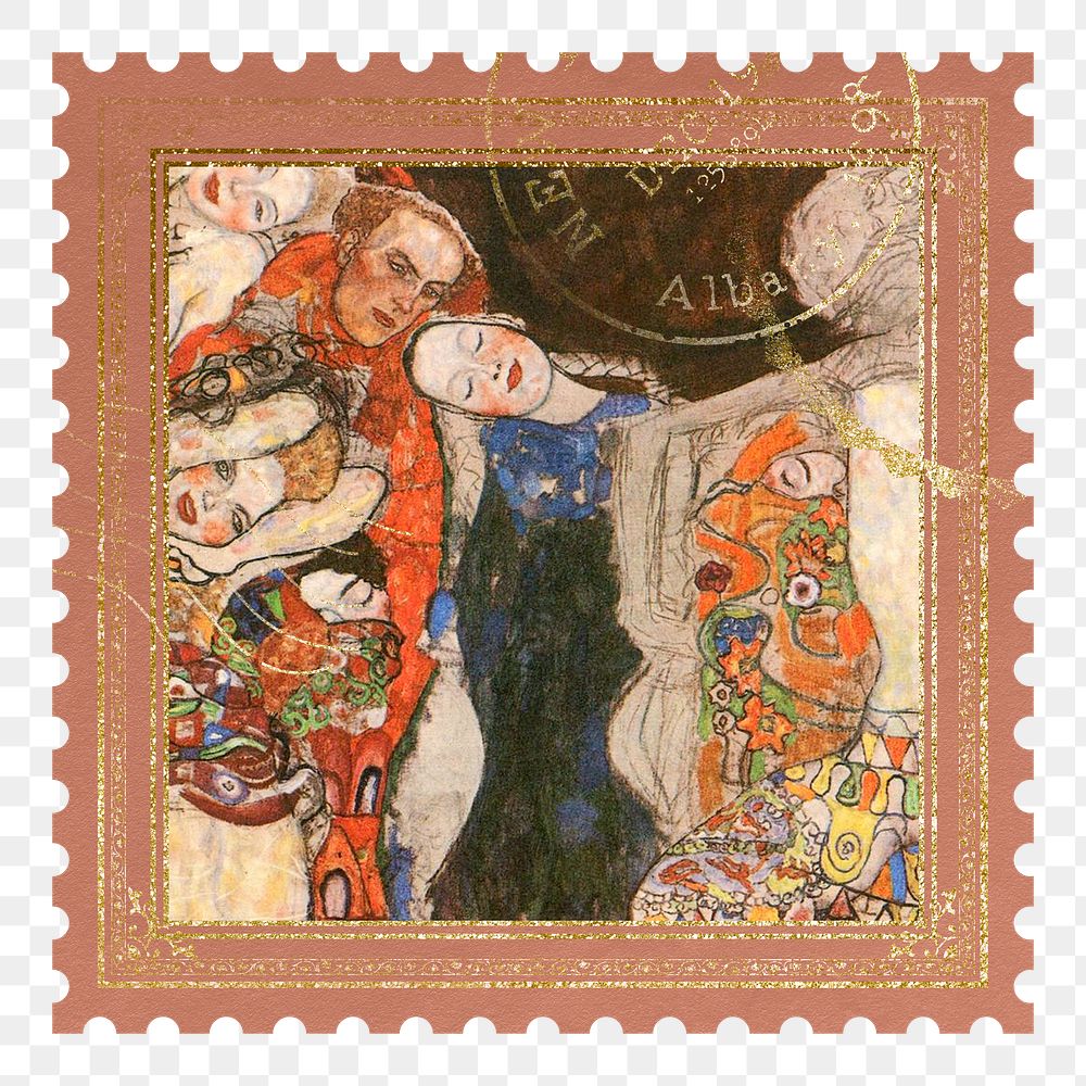 Gustav Klimt's png The Bride postage stamp sticker, transparent background, remixed by rawpixel