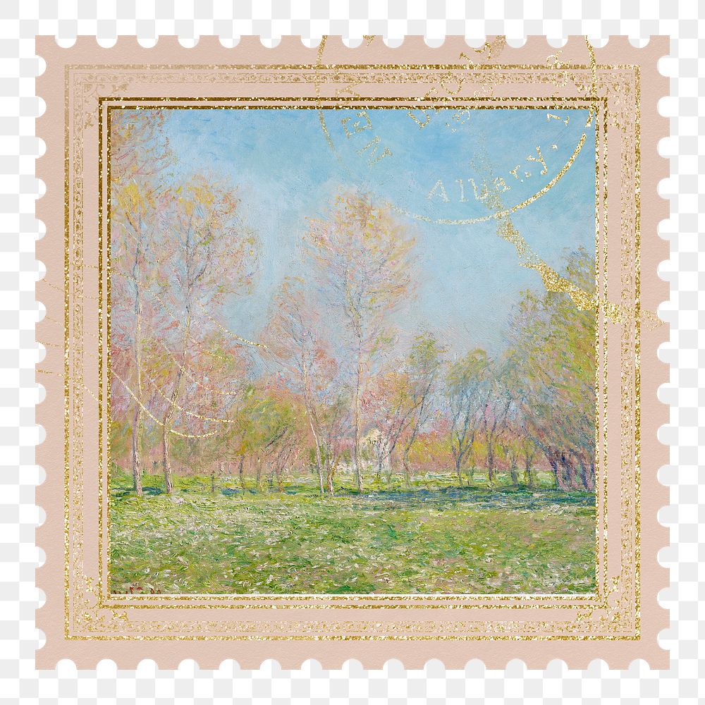 Spring in Giverny png postage stamp sticker, transparent background. Claude Monet artwork, remixed by rawpixel.