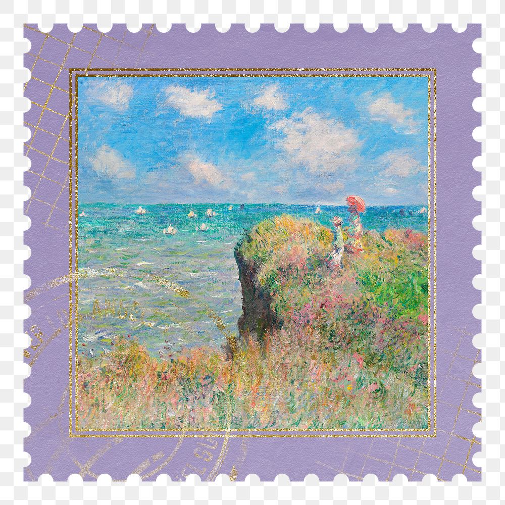 Pourville cliff walk png postage stamp sticker, transparent background. Claude Monet artwork, remixed by rawpixel.